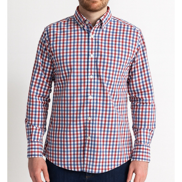 Untuckit Men’s Medium Slim Fit Shirt Red White Blue Check Button Down Cotton - Picture 1 of 9